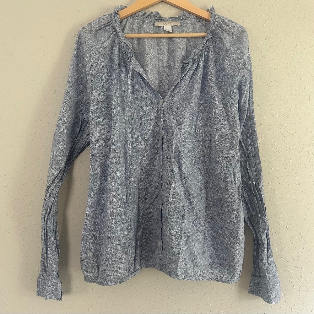 🦋 LOFT Blue Patterned Blouse Large Lightweight Casual